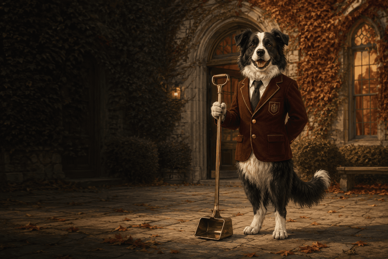 The Dog Poop Society's distinguished dog mascot in an ivy-covered courtyard